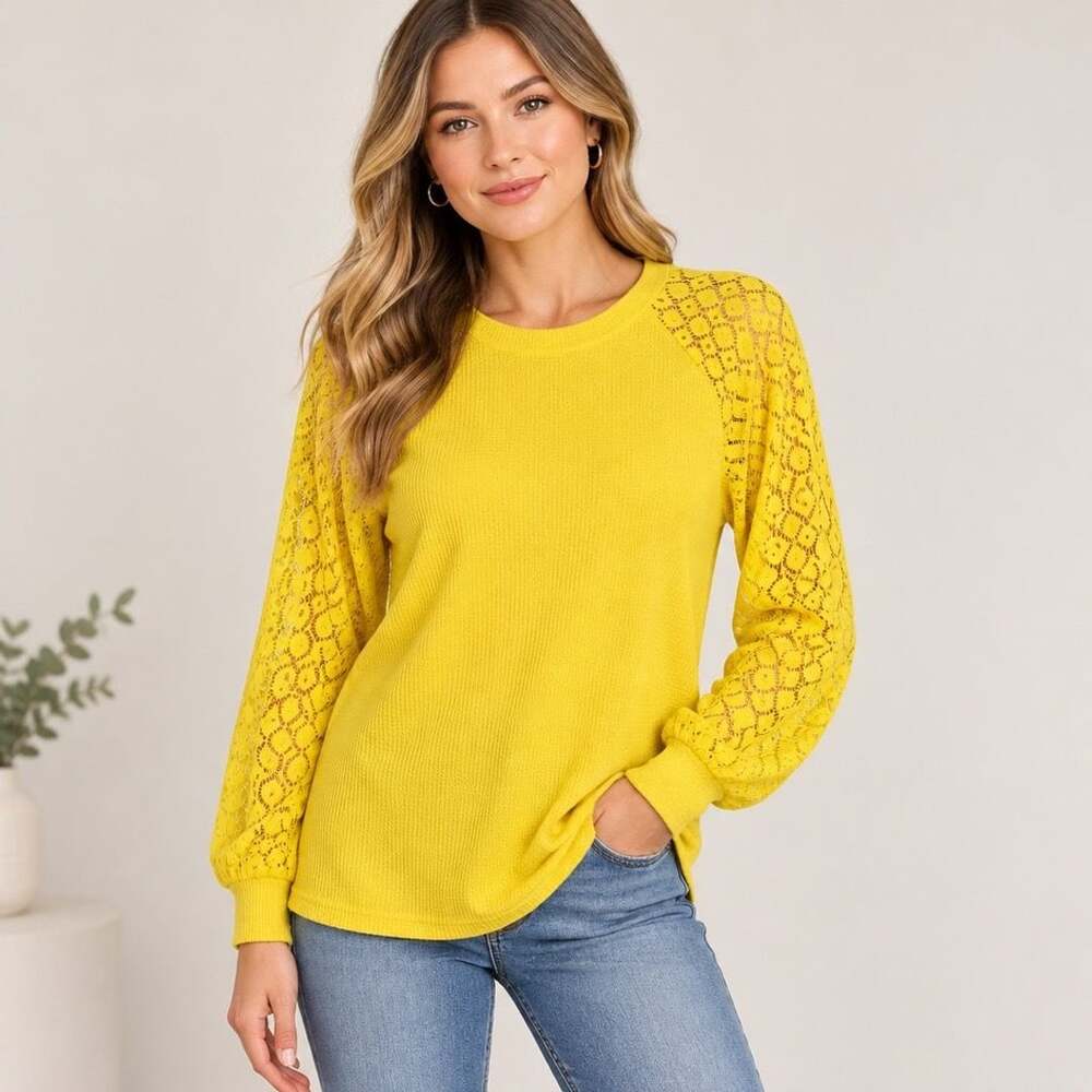 MIHOLL Waffle Knit Lace Sleeve Top Size L Yellow Long Sleeve Shirt